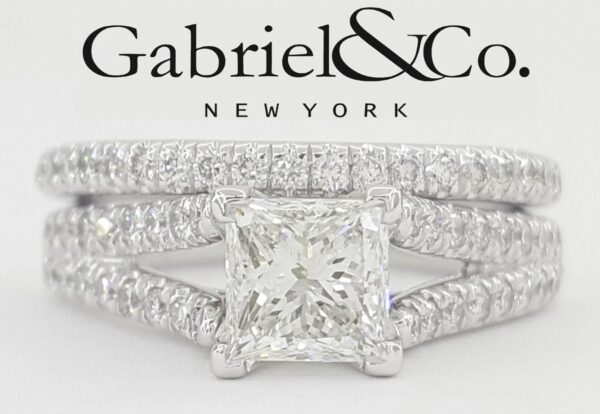 Gabriel & Co. Princess Cut Shank-Split Diamond Engagement Ring Set 1.65 ct 14k