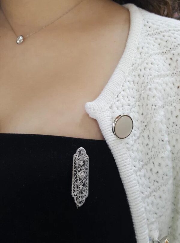 Antique Art Deco Diamond Brooch 10k White Gold 1.65"