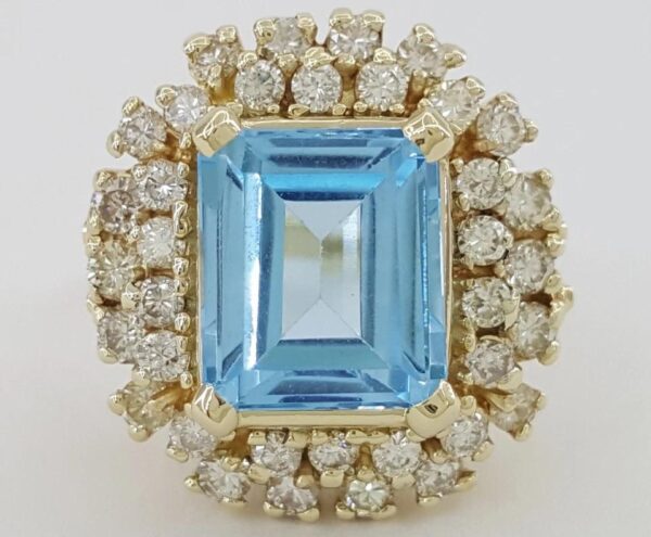Emerald Cut Blue Topaz Diamond Halo Statement Ring 1.25 ct 14k Yellow Gold