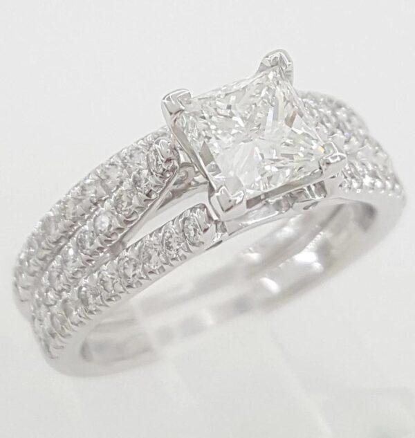 Gabriel & Co. Princess Cut Shank-Split Diamond Engagement Ring Set 1.65 ct 14k