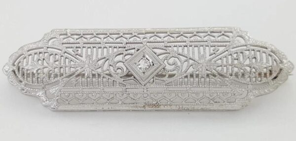 Antique Art Deco Diamond Brooch 10k White Gold 1.65"