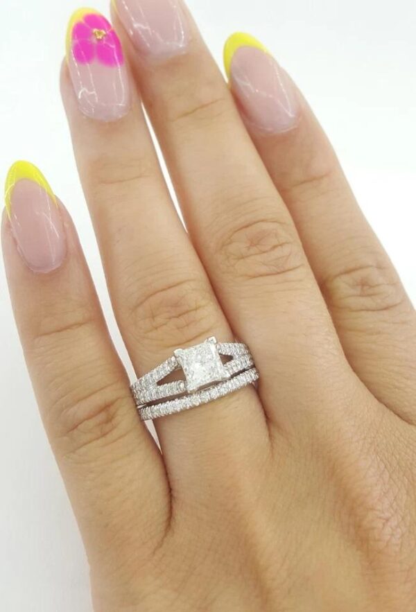 Gabriel & Co. Princess Cut Shank-Split Diamond Engagement Ring Set 1.65 ct 14k