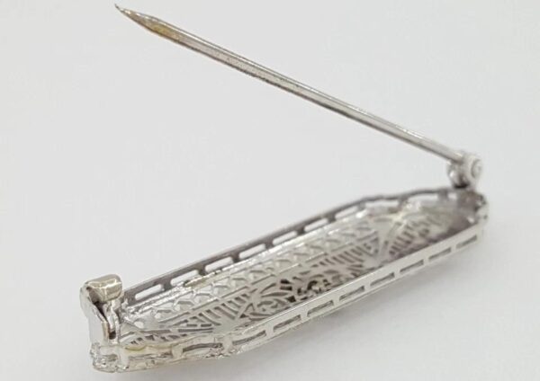 Antique Art Deco Diamond Brooch 10k White Gold 1.65"
