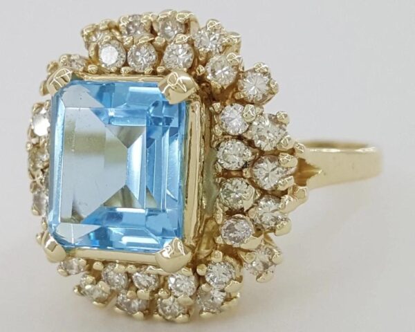 Emerald Cut Blue Topaz Diamond Halo Statement Ring 1.25 ct 14k Yellow Gold
