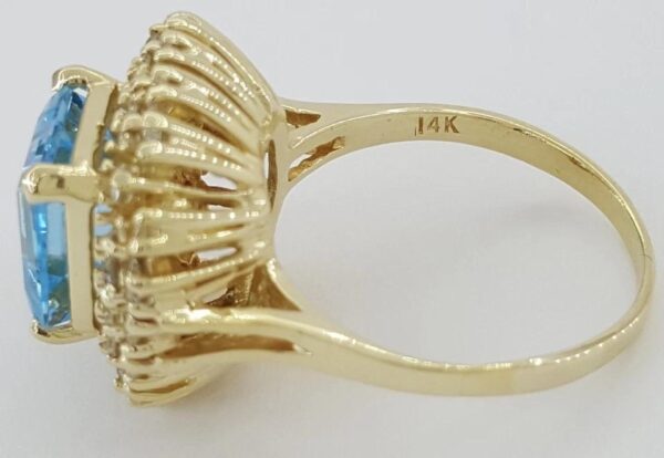 Emerald Cut Blue Topaz Diamond Halo Statement Ring 1.25 ct 14k Yellow Gold