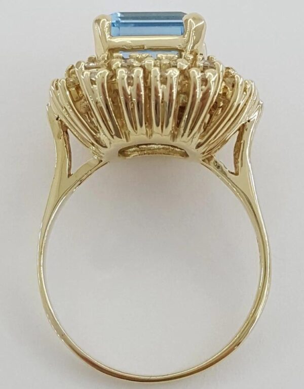 Emerald Cut Blue Topaz Diamond Halo Statement Ring 1.25 ct 14k Yellow Gold