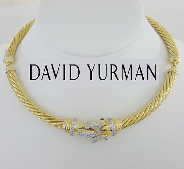 David Yurman 18K Gold Buckle Cable Choker Diamond Necklace 0.75 ct 70 Grams