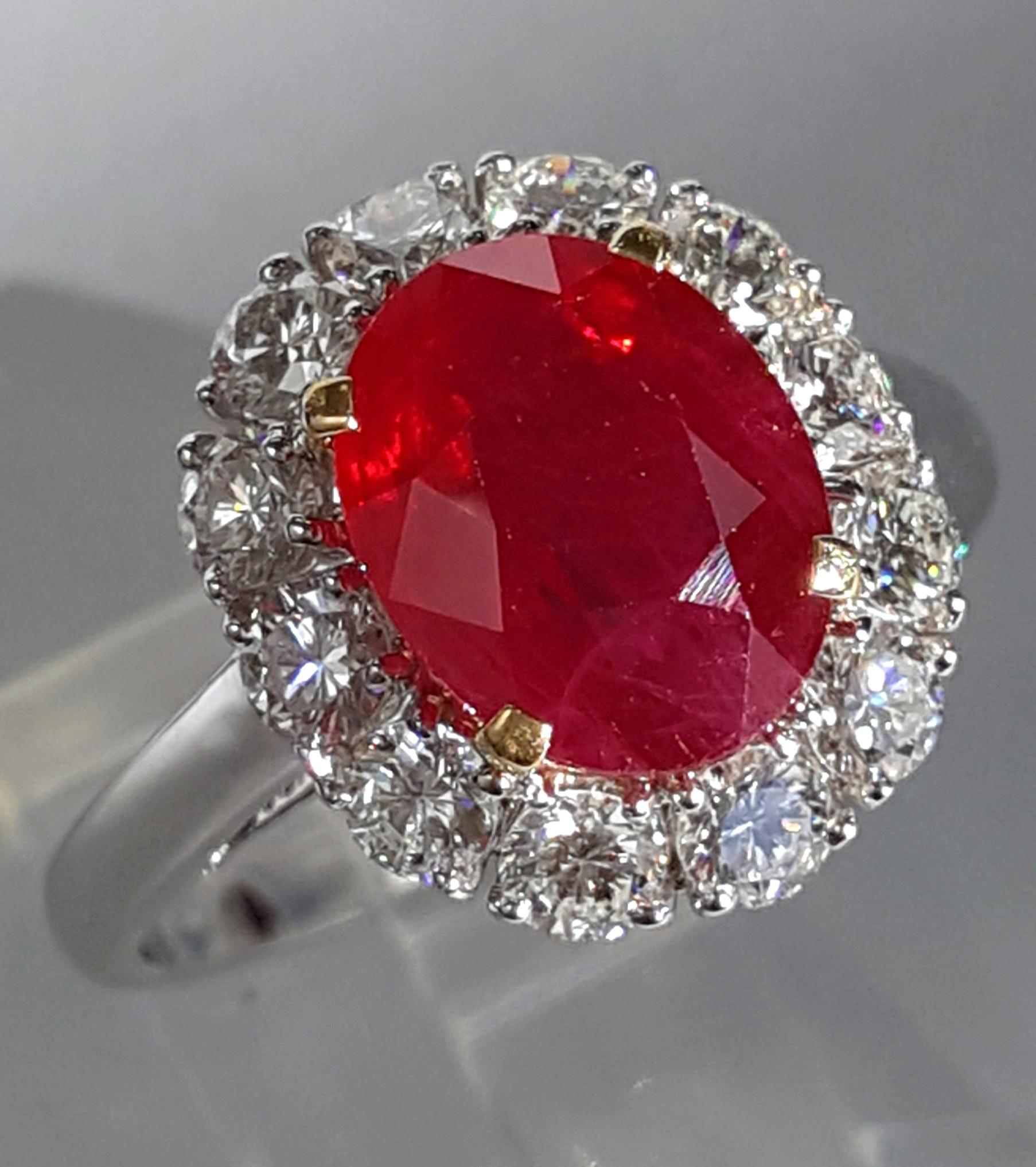 Oval Burma Ruby & Diamond Halo Ring 4.12 ct 18k White Gold