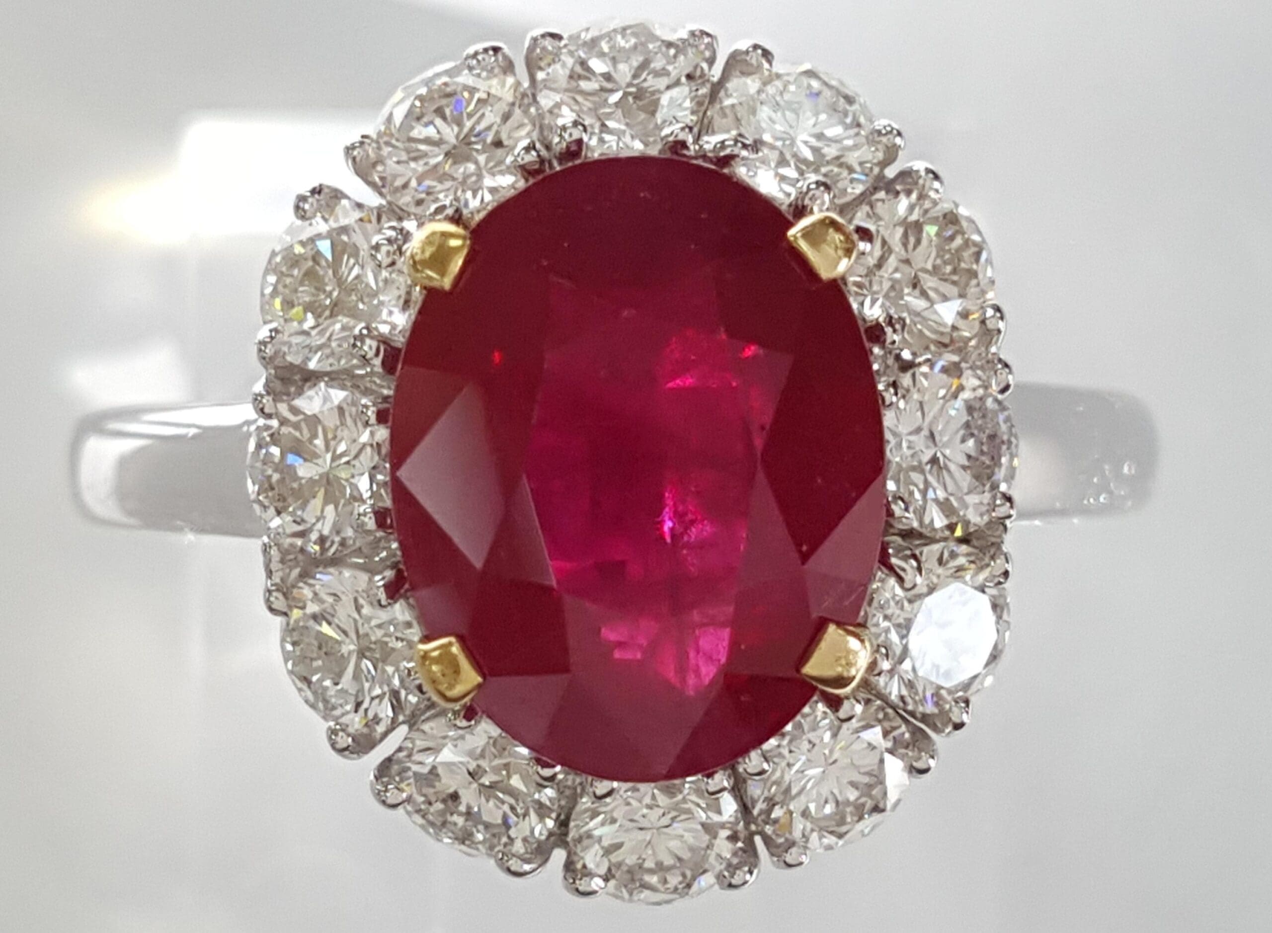 Oval Burma Ruby & Diamond Halo Ring 4.12 ct 18k White Gold