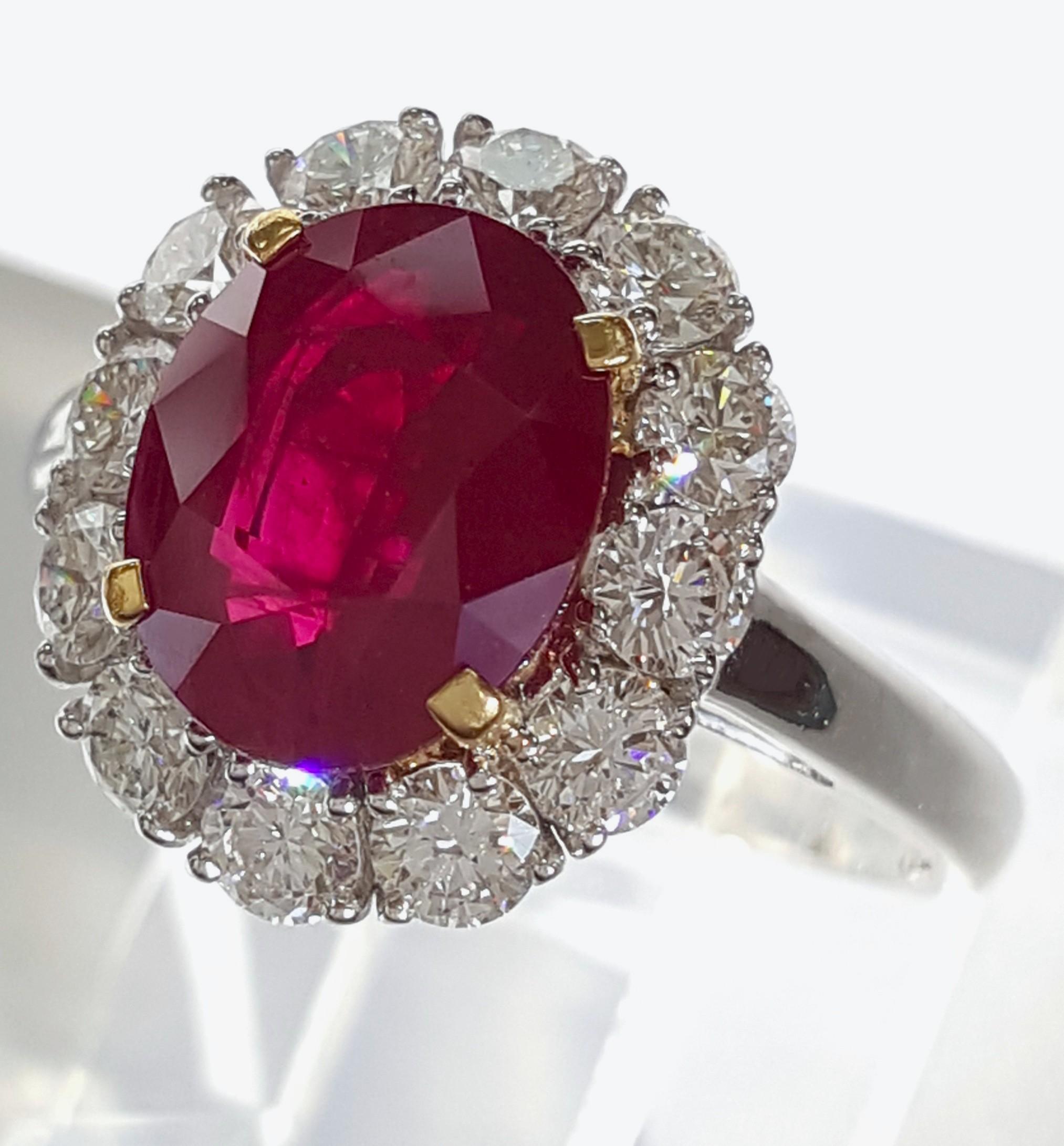 Oval Burma Ruby & Diamond Halo Ring 4.12 ct 18k White Gold