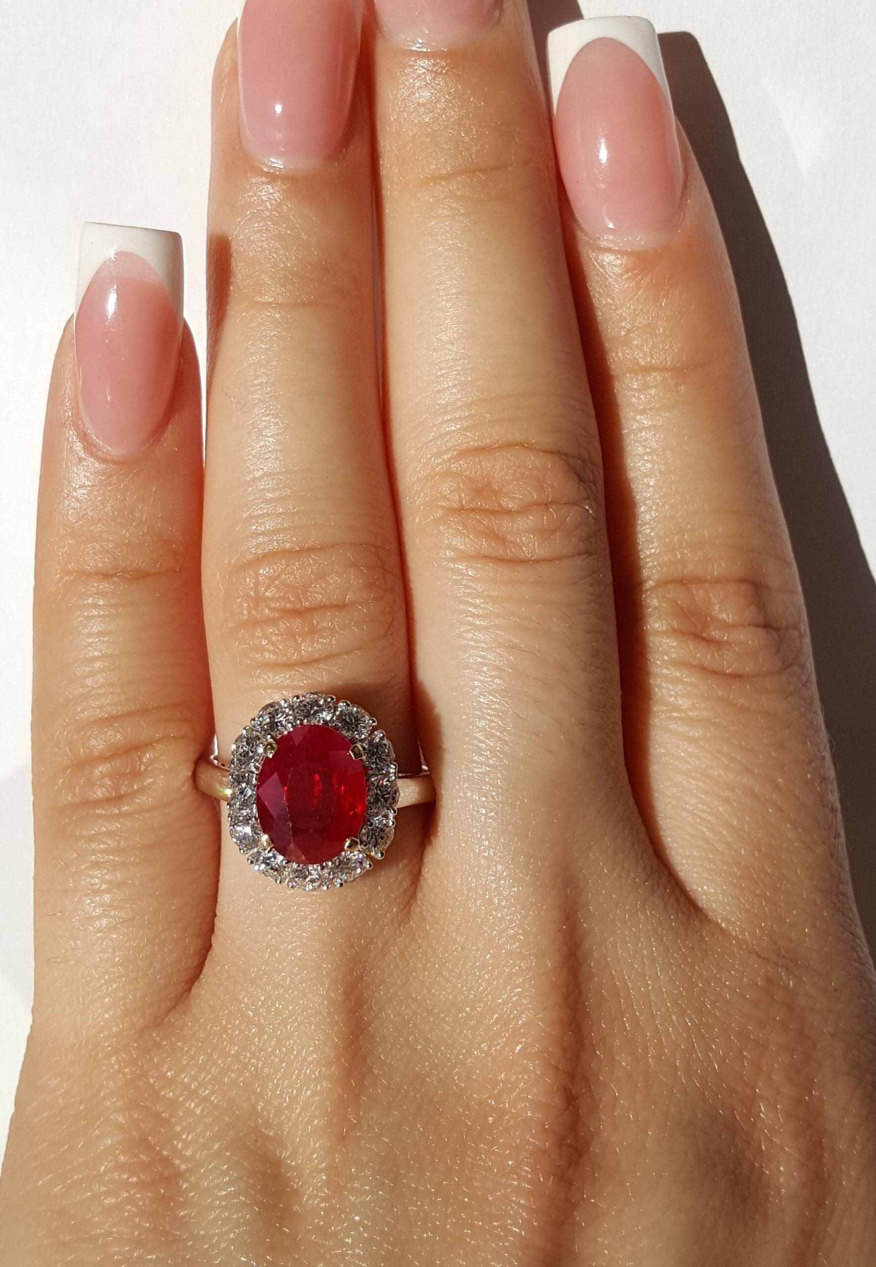 Oval Burma Ruby & Diamond Halo Ring 4.12 ct 18k White Gold