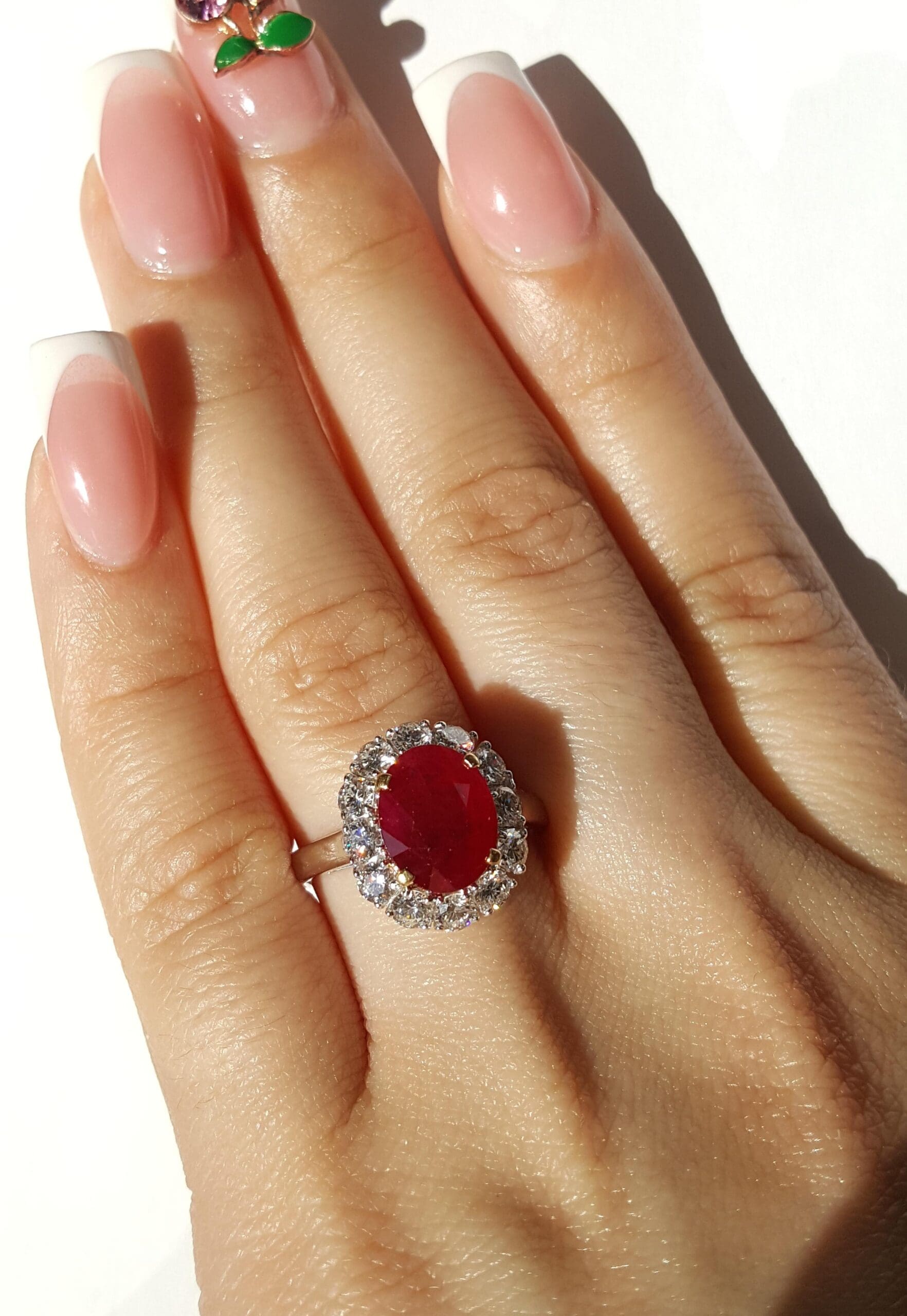 Oval Burma Ruby & Diamond Halo Ring 4.12 ct 18k White Gold