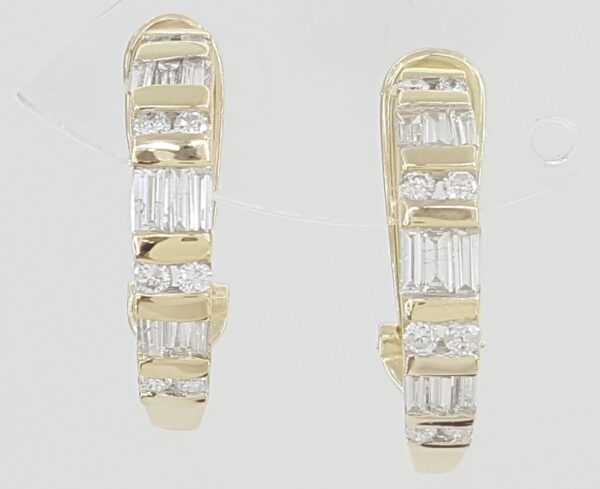 Round Baguette Diamond J Hoop Earrings 1 ct 14K Yellow Gold Omega Backs