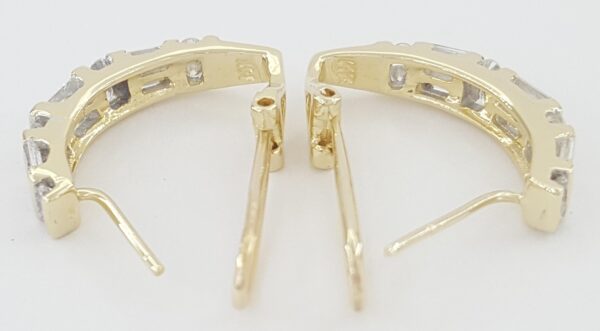 Round Baguette Diamond J Hoop Earrings 1 ct 14K Yellow Gold Omega Backs