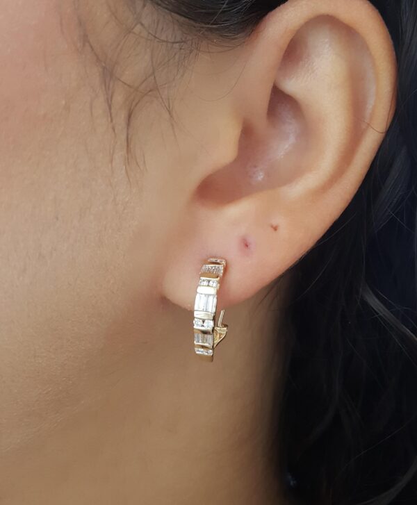 Round Baguette Diamond J Hoop Earrings 1 ct 14K Yellow Gold Omega Backs