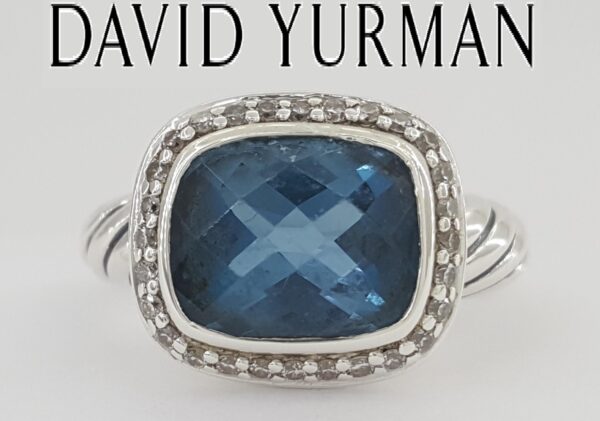 David Yurman Albion Cushion Blue Topaz & Round Diamond 0.19 ct Halo Silver Ring