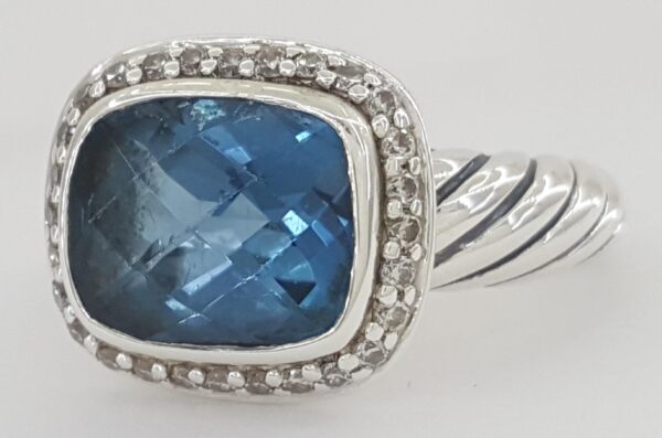 David Yurman Albion Cushion Blue Topaz & Round Diamond 0.19 ct Halo Silver Ring