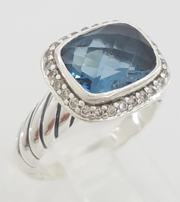 David Yurman Albion Cushion Blue Topaz & Round Diamond 0.19 ct Halo Silver Ring