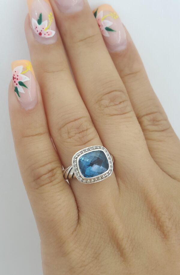 David Yurman Albion Cushion Blue Topaz & Round Diamond 0.19 ct Halo Silver Ring