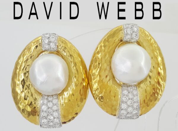 Vintage David Webb Pearl & Diamond Clip-On Earrings 2.5 ct 18K & Plat