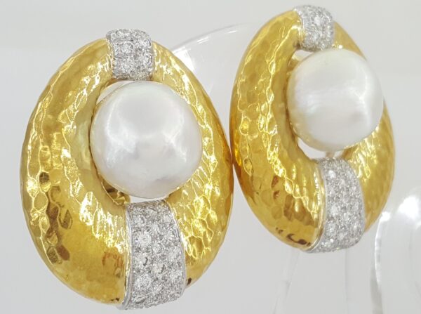 Vintage David Webb Pearl & Diamond Clip-On Earrings 2.5 ct 18K & Plat