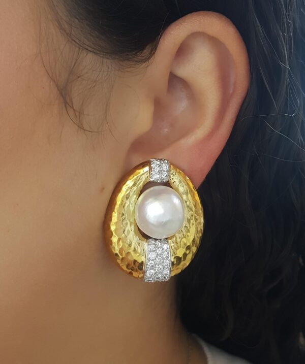 Vintage David Webb Pearl & Diamond Clip-On Earrings 2.5 ct 18K & Plat