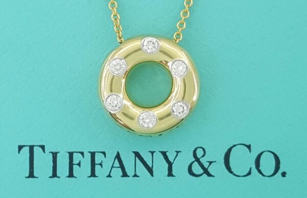 Tiffany & Co Etoile 18K Yellow Gold Diamond Circle Pendant Necklace 12.8mm 16"