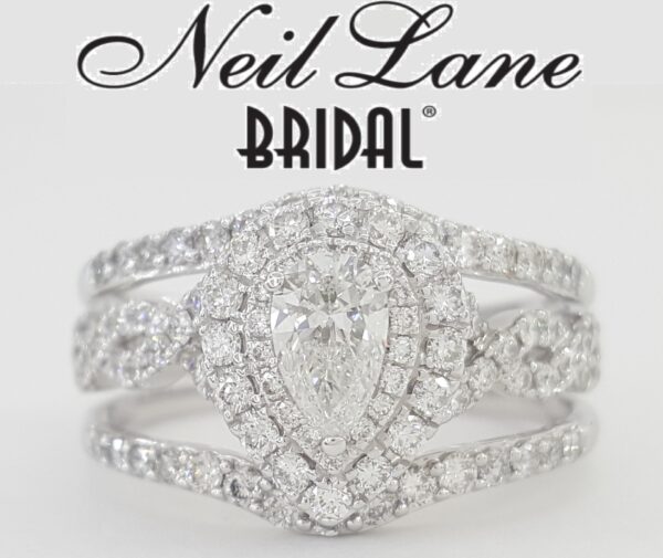 Neil Lane Pear Diamond Double Halo Crossover Engagement Ring w/ bands 2 ct 14k