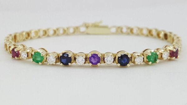 Diamond Ruby Emerald Sapphire Amethyst Tennis Bracelet 1.35 ct 14k Gold 7"