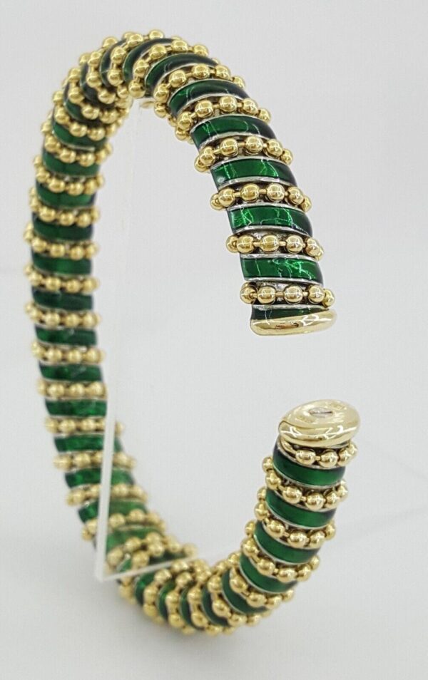 Vintage Roberto Legnazzi 18K Gold W Green Enamel Flexible Cuffs Bangle Bracelet