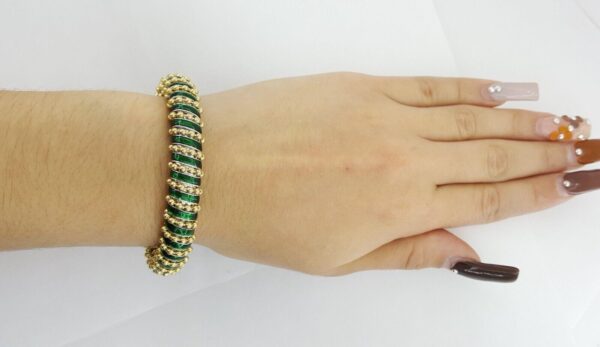 Vintage Roberto Legnazzi 18K Gold W Green Enamel Flexible Cuffs Bangle Bracelet