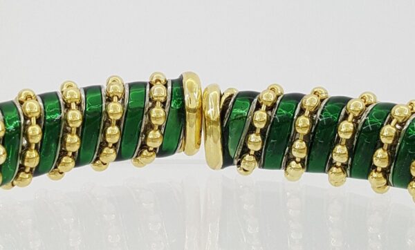 Vintage Roberto Legnazzi 18K Gold W Green Enamel Flexible Cuffs Bangle Bracelet