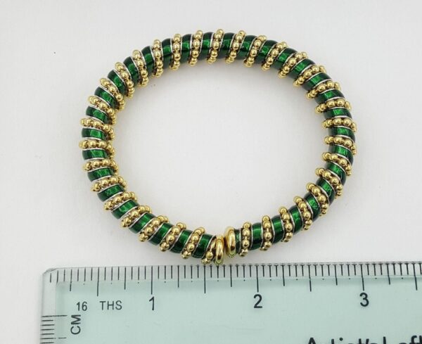 Vintage Roberto Legnazzi 18K Gold W Green Enamel Flexible Cuffs Bangle Bracelet