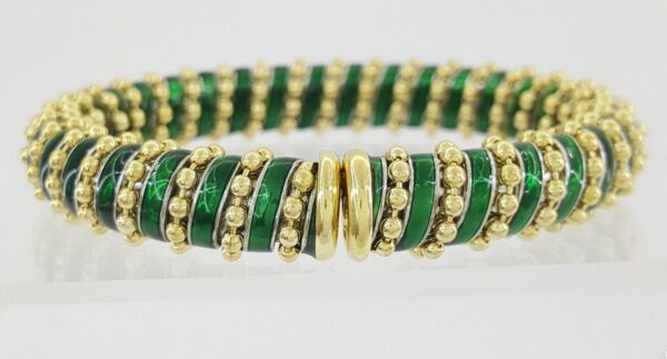 Vintage Roberto Legnazzi 18K Gold W Green Enamel Flexible Cuffs Bangle Bracelet