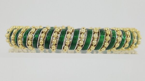 Vintage Roberto Legnazzi 18K Gold W Green Enamel Flexible Cuffs Bangle Bracelet