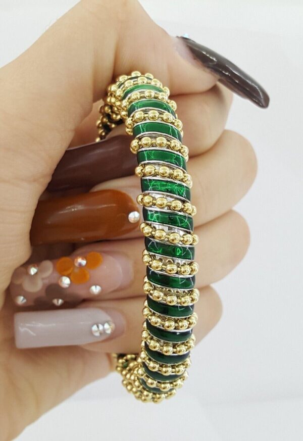 Vintage Roberto Legnazzi 18K Gold W Green Enamel Flexible Cuffs Bangle Bracelet