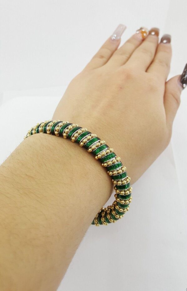 Vintage Roberto Legnazzi 18K Gold W Green Enamel Flexible Cuffs Bangle Bracelet