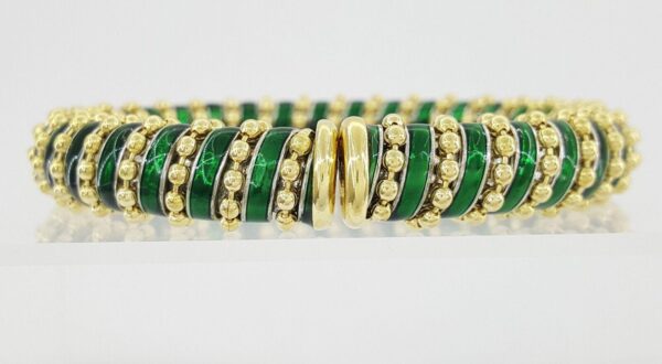 Vintage Roberto Legnazzi 18K Gold W Green Enamel Flexible Cuffs Bangle Bracelet