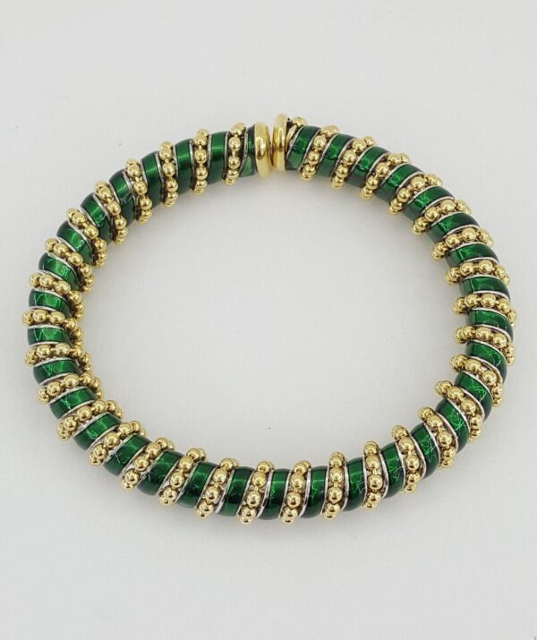 Vintage Roberto Legnazzi 18K Gold W Green Enamel Flexible Cuffs Bangle Bracelet