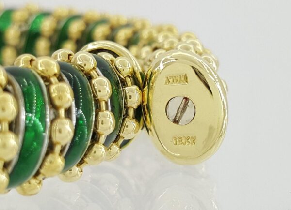 Vintage Roberto Legnazzi 18K Gold W Green Enamel Flexible Cuffs Bangle Bracelet