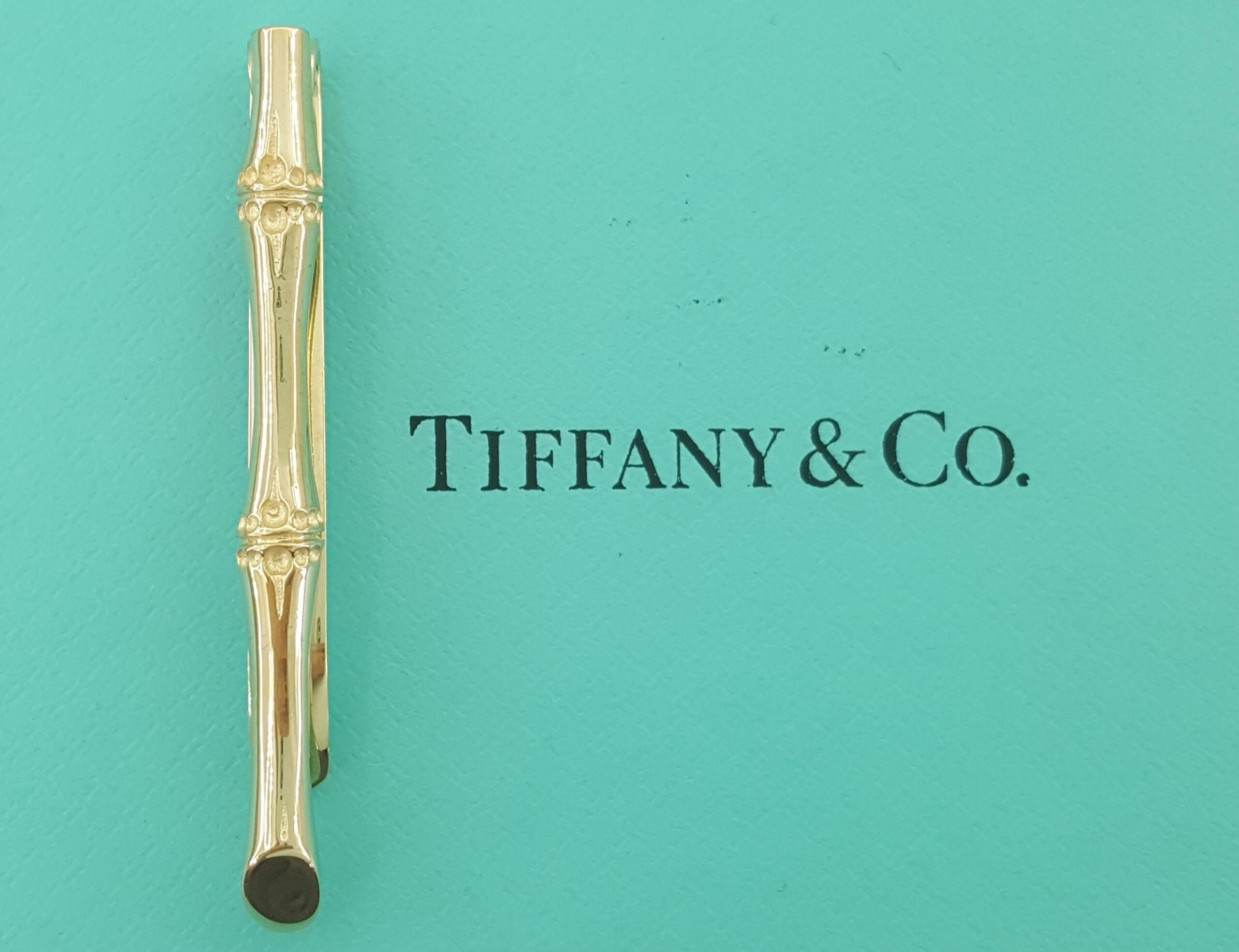Tiffany & Co Vintage 14K Yellow Gold Bamboo Motif Pattern Tie Clip Bar 1.85"