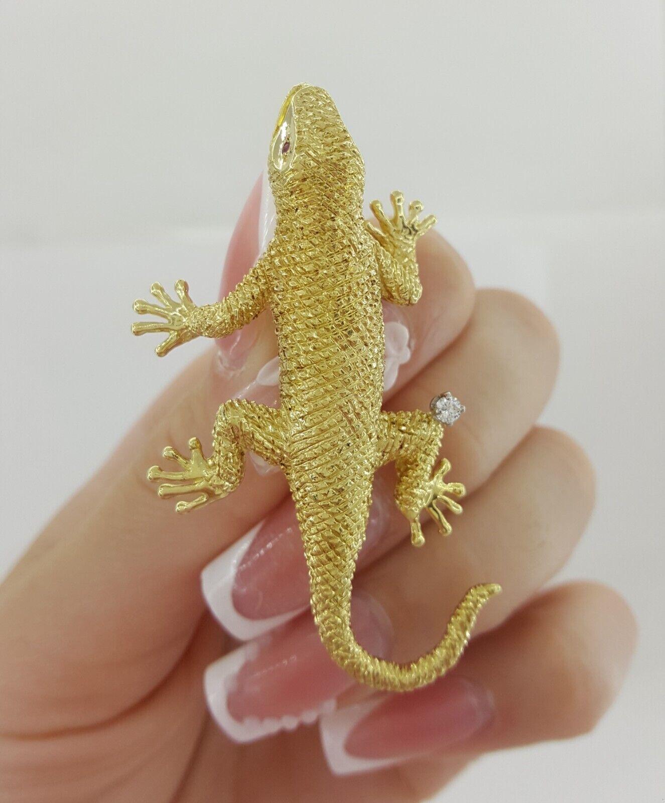 Vintage Yellow Gold Diamond & Ruby Eyes Lizard Brooch Pin 18K 18.3 grams 57.5mm