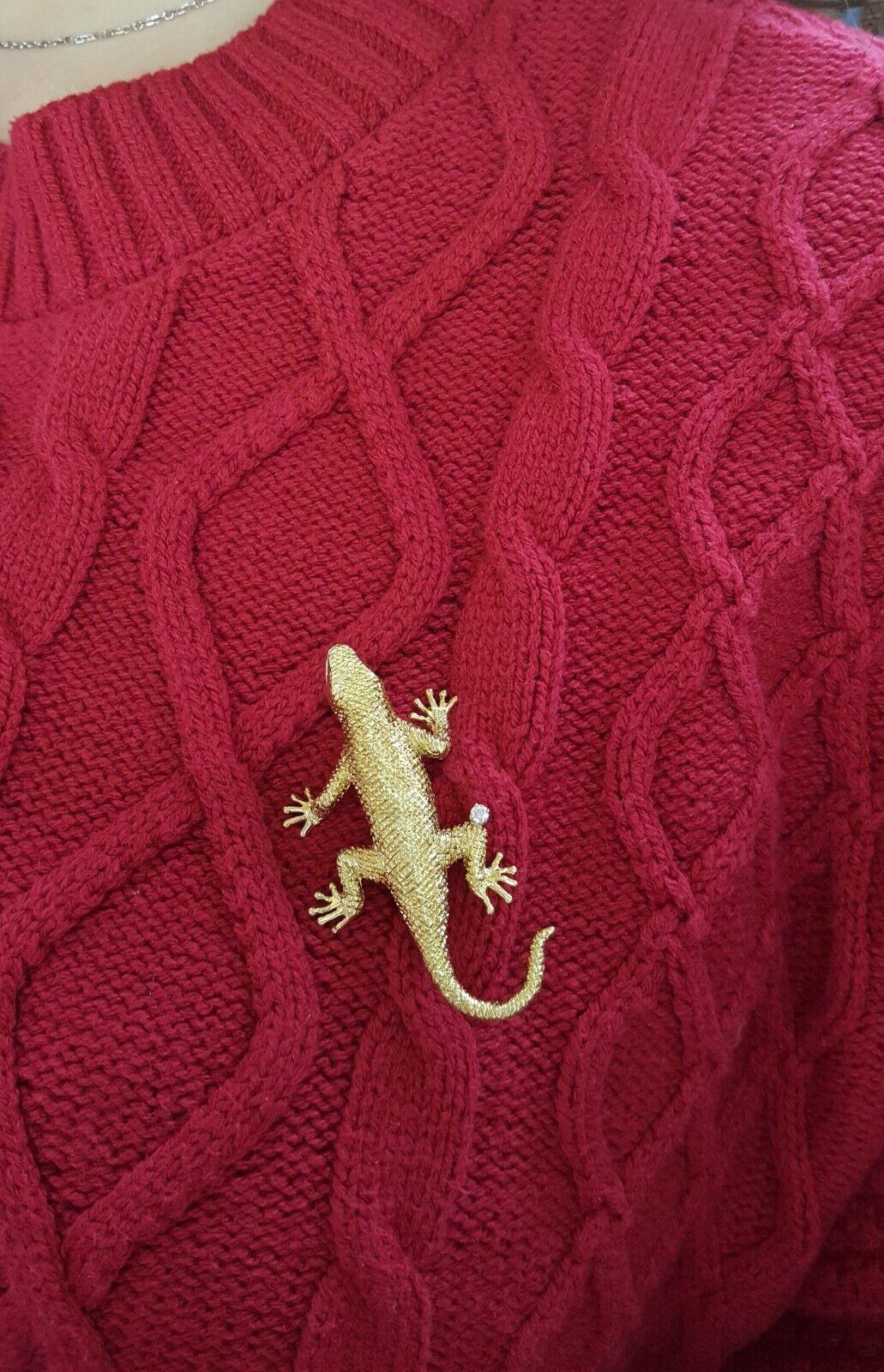 Vintage Yellow Gold Diamond & Ruby Eyes Lizard Brooch Pin 18K 18.3 grams 57.5mm