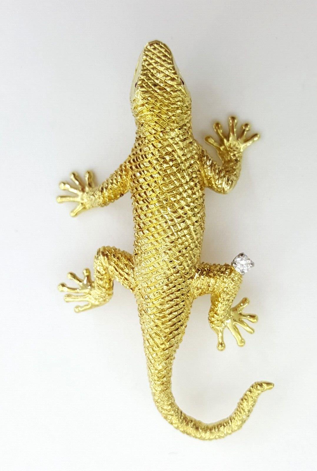 Vintage Yellow Gold Diamond & Ruby Eyes Lizard Brooch Pin 18K 18.3 grams 57.5mm