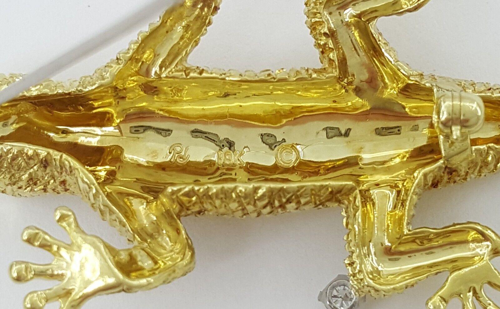 Vintage Yellow Gold Diamond & Ruby Eyes Lizard Brooch Pin 18K 18.3 grams 57.5mm