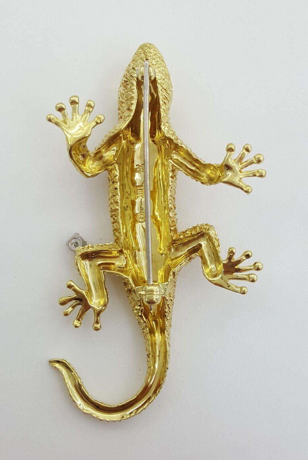 Vintage Yellow Gold Diamond & Ruby Eyes Lizard Brooch Pin 18K 18.3 grams 57.5mm