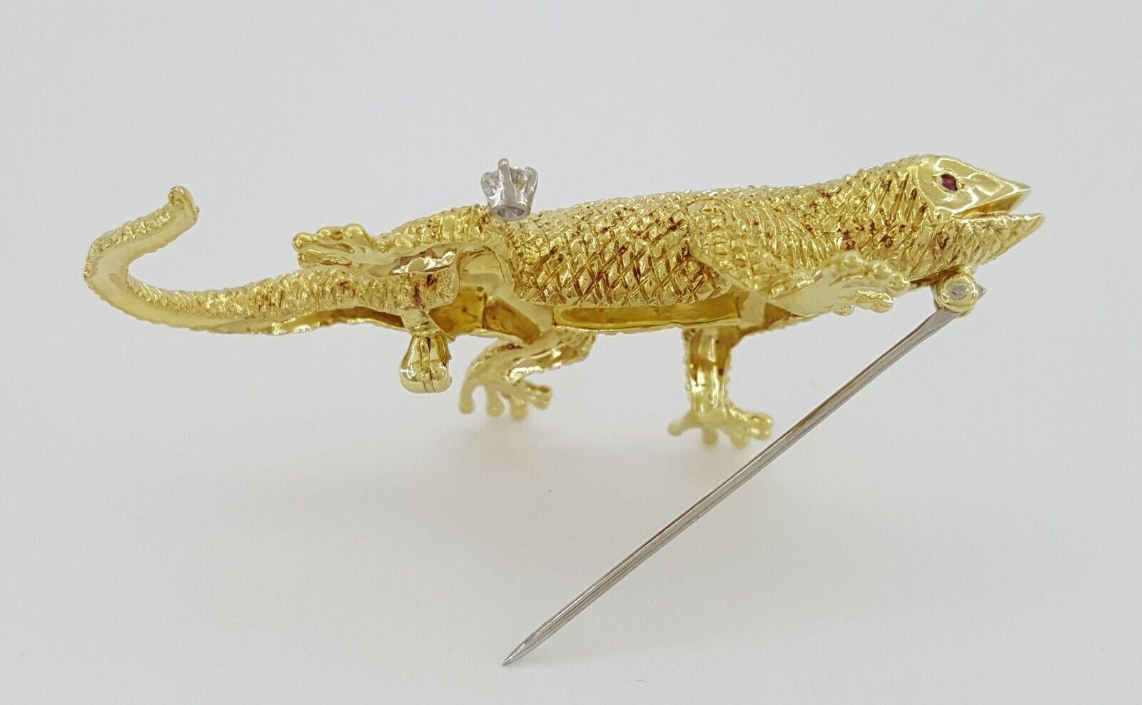 Vintage Yellow Gold Diamond & Ruby Eyes Lizard Brooch Pin 18K 18.3 grams 57.5mm