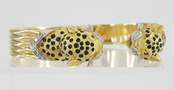 Ramon Barcelona 18K Yellow Gold Leopard Diamond & Ruby Bangle 30.6 Grams