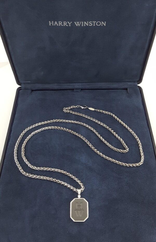 Harry Winston Zalium HW Logo Diamond 18k W Gold Pendant Necklace 30” 48 Grams