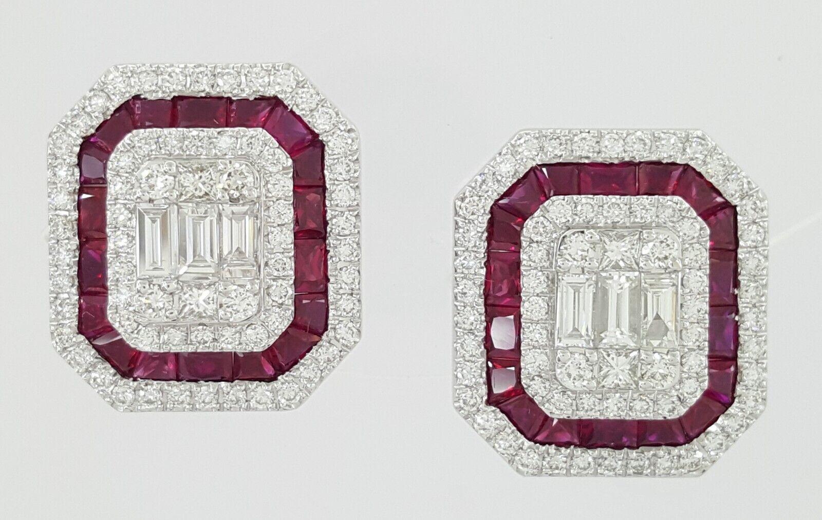 18k White Gold 3.39 ct Round & Baguette Diamond Ruby Halo Stud Earrings 12gm
